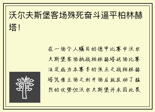 沃尔夫斯堡客场殊死奋斗逼平柏林赫塔！